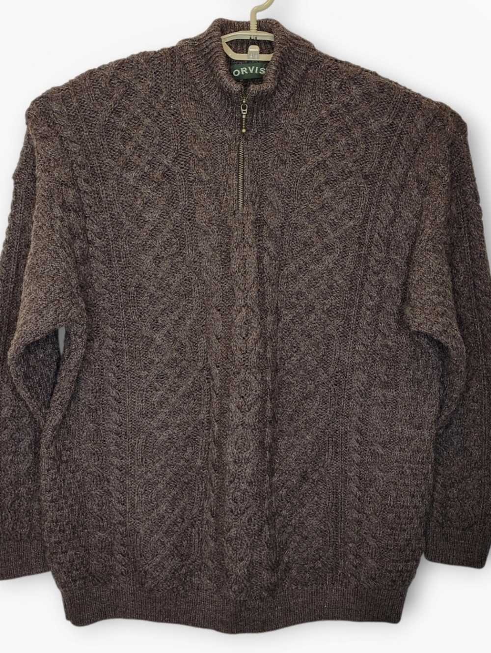 Orvis Wool Fisherman Cableknit 1/4 Zip Sweater XXL Brown Chunky